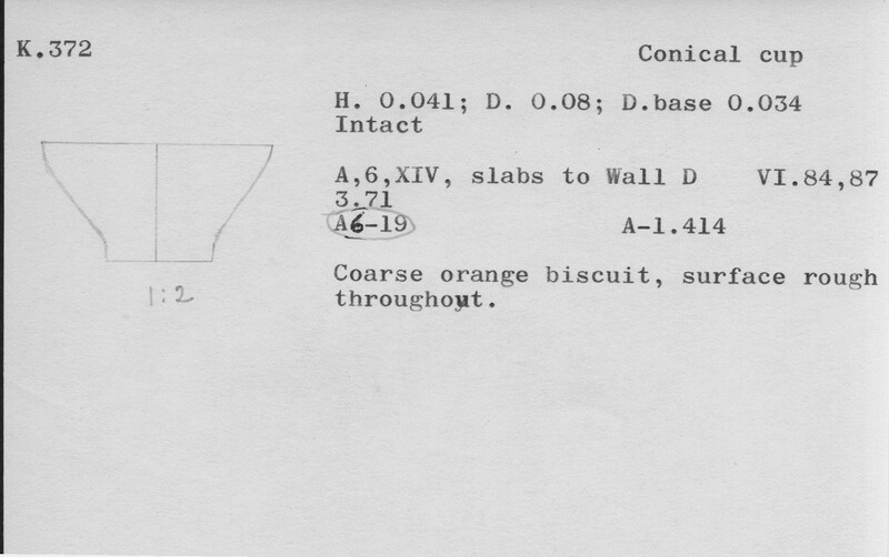 Index card with typed and handwritten information, sometimes including a sketch, of pottery from an excavation.