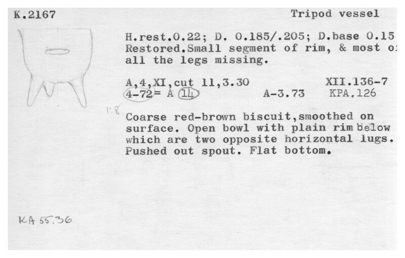 Index card with typed and handwritten information, sometimes including a sketch, of pottery from an excavation.