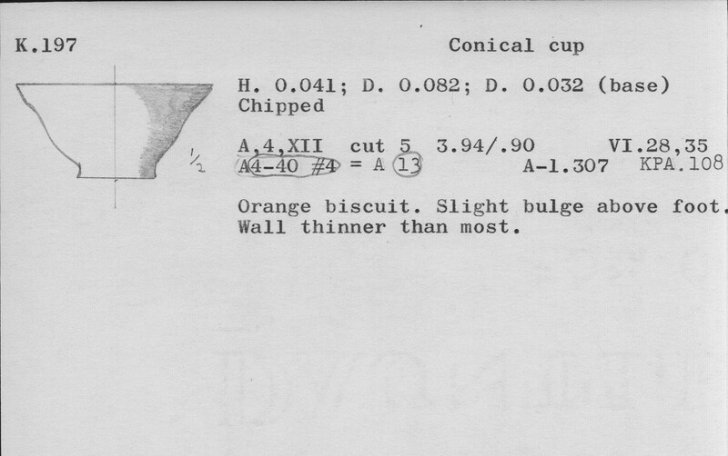 Index card with typed and handwritten information, sometimes including a sketch, of pottery from an excavation.