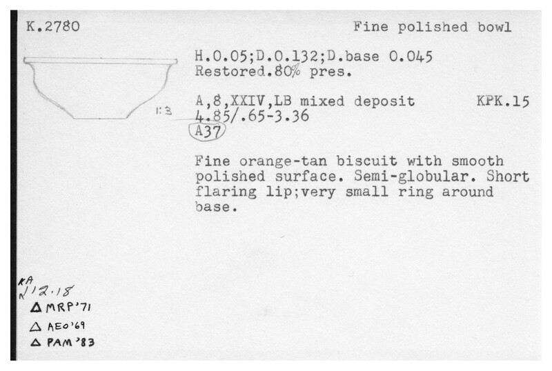 Index card with typed and handwritten information, sometimes including a sketch, of pottery from an excavation.