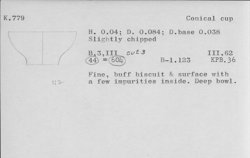 Index card with typed and handwritten information, sometimes including a sketch, of pottery from an excavation.