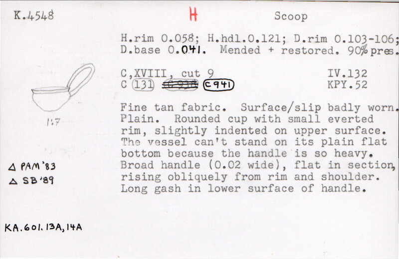 Index card with typed and handwritten information, sometimes including a sketch, of pottery from an excavation.
