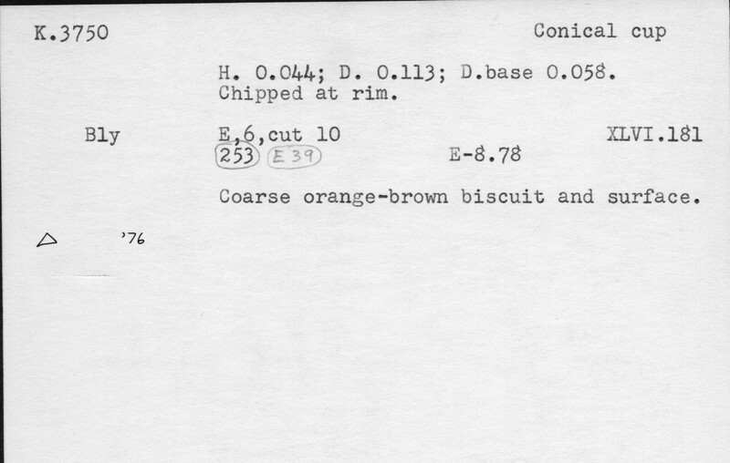 Index card with typed and handwritten information, sometimes including a sketch, of pottery from an excavation.