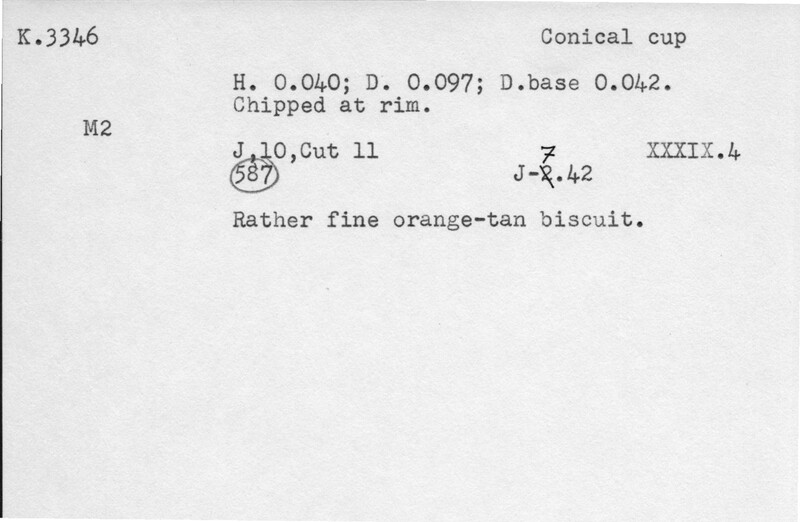 Index card with typed and handwritten information, sometimes including a sketch, of pottery from an excavation.