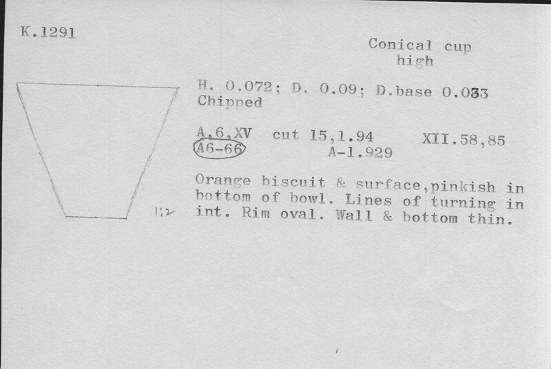 Index card with typed and handwritten information, sometimes including a sketch, of pottery from an excavation.