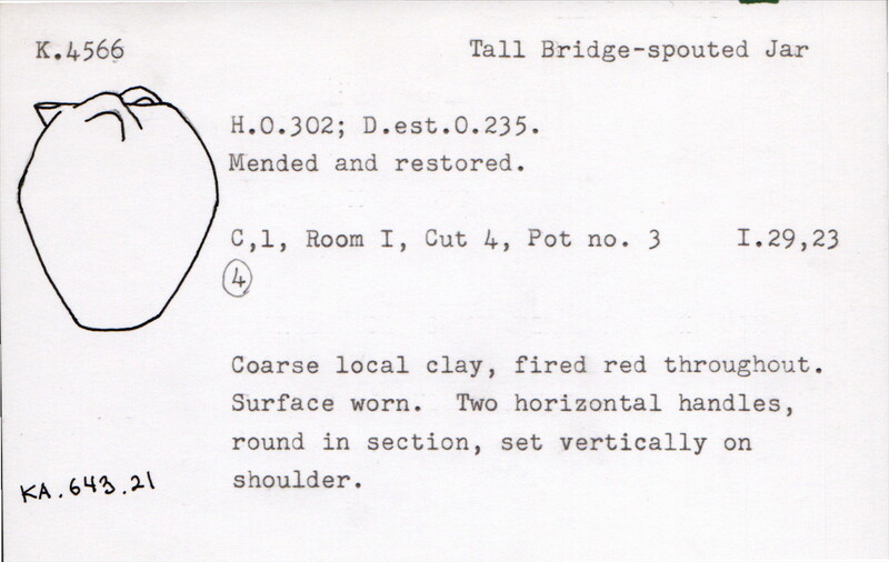 Index card with typed and handwritten information, sometimes including a sketch, of pottery from an excavation.