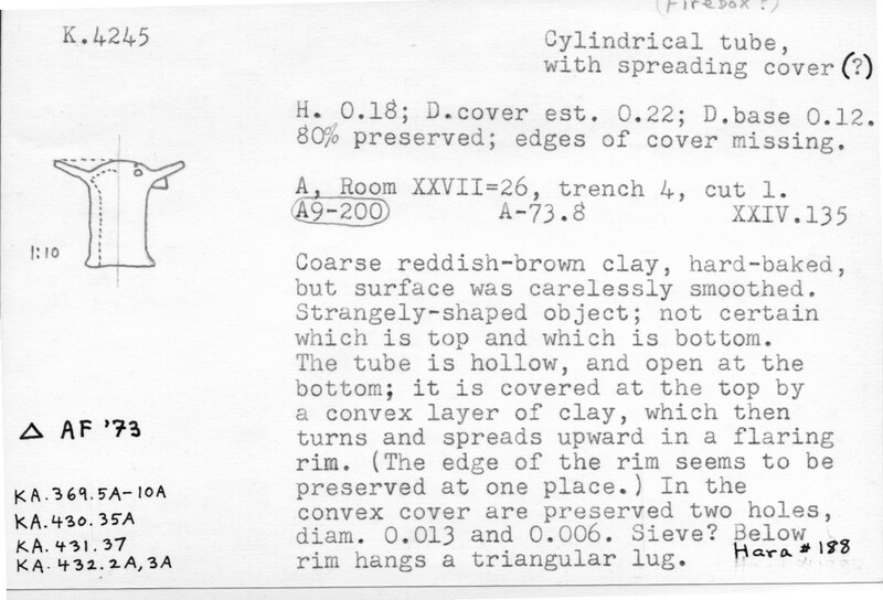 Index card with typed and handwritten information, sometimes including a sketch, of pottery from an excavation.