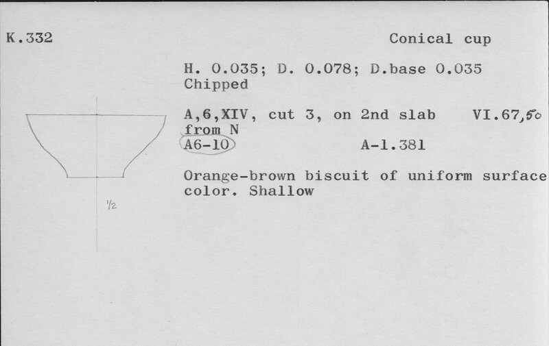 Index card with typed and handwritten information, sometimes including a sketch, of pottery from an excavation.