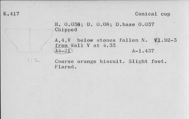 Index card with typed and handwritten information, sometimes including a sketch, of pottery from an excavation.