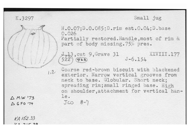 Index card with typed and handwritten information, sometimes including a sketch, of pottery from an excavation.