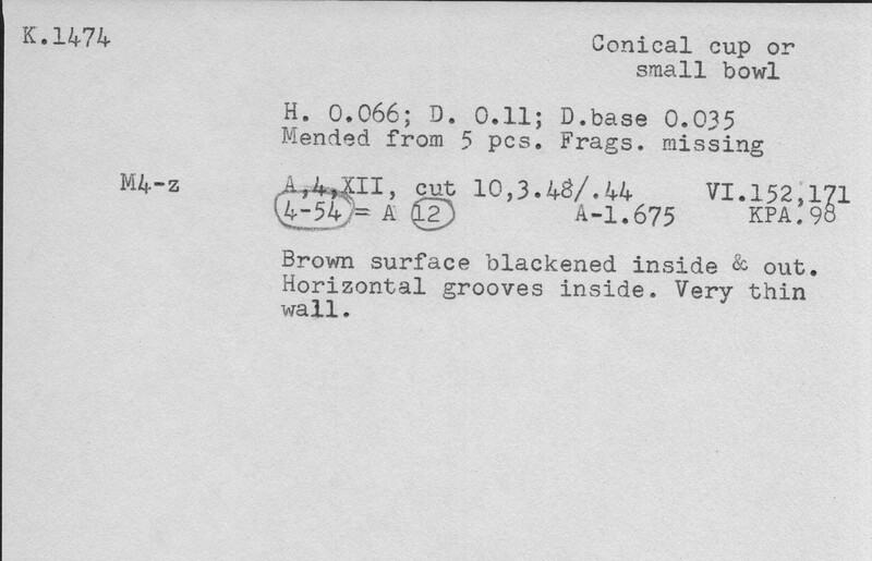 Index card with typed and handwritten information, sometimes including a sketch, of pottery from an excavation.