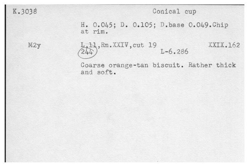 Index card with typed and handwritten information, sometimes including a sketch, of pottery from an excavation.
