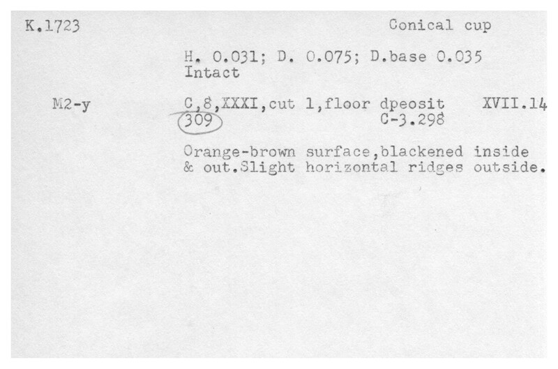 Index card with typed and handwritten information, sometimes including a sketch, of pottery from an excavation.
