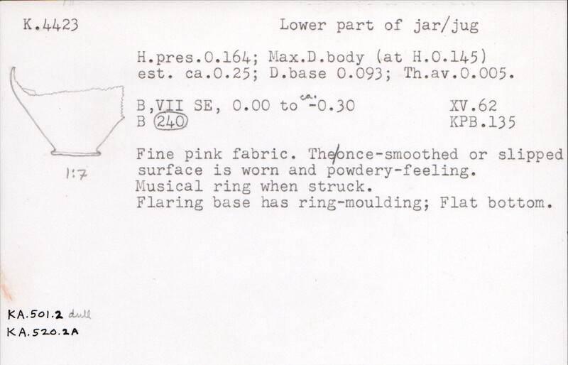 Index card with typed and handwritten information, sometimes including a sketch, of pottery from an excavation.