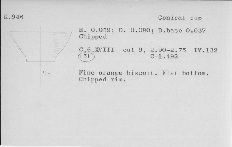 Index card with typed and handwritten information, sometimes including a sketch, of pottery from an excavation.