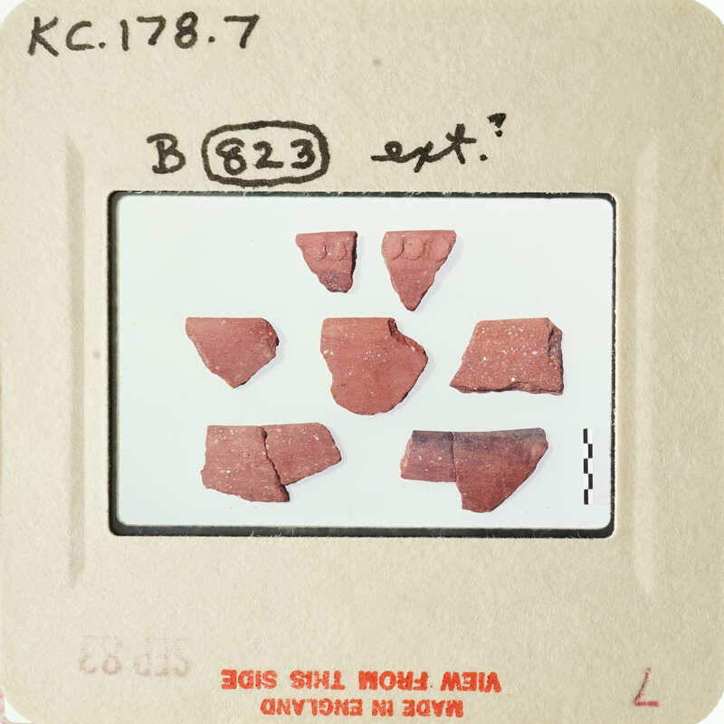 The image shows fragments of pottery on a white background, with handwritten labels and numbers indicating their identification.