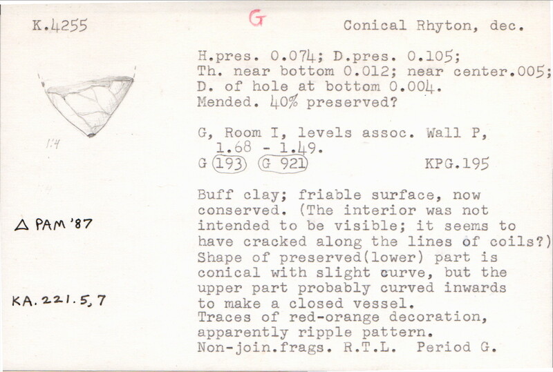 Index card with typed and handwritten information, sometimes including a sketch, of pottery from an excavation.