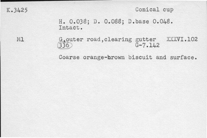 Index card with typed and handwritten information, sometimes including a sketch, of pottery from an excavation.