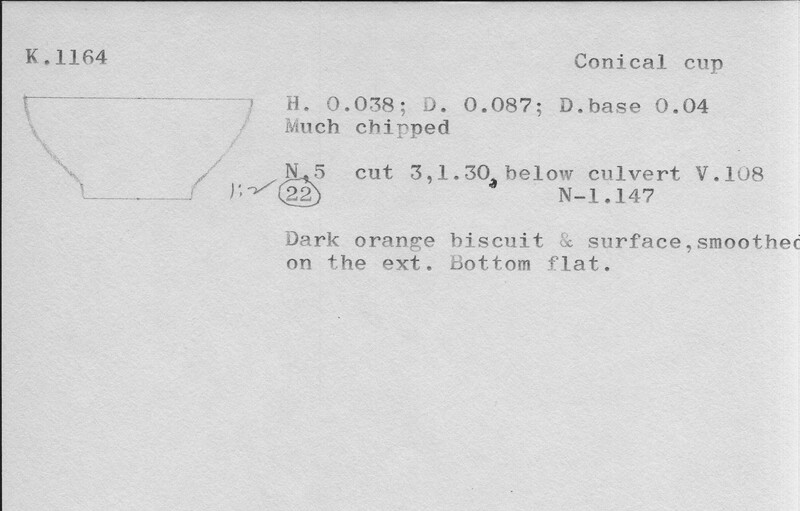 Index card with typed and handwritten information, sometimes including a sketch, of pottery from an excavation.