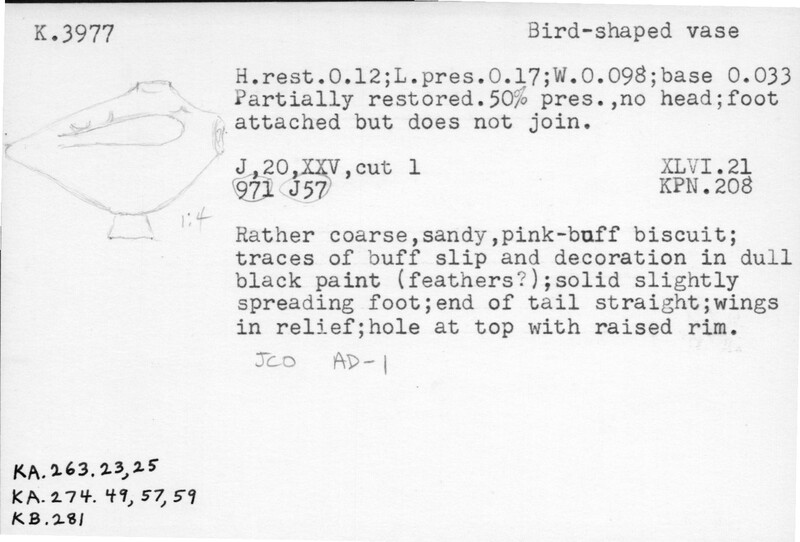 Index card with typed and handwritten information, sometimes including a sketch, of pottery from an excavation.