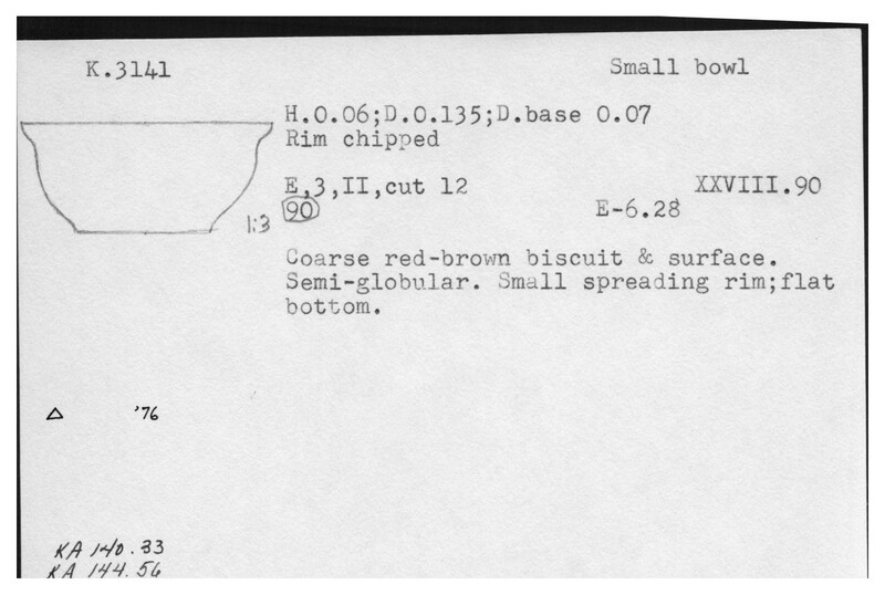 Index card with typed and handwritten information, sometimes including a sketch, of pottery from an excavation.