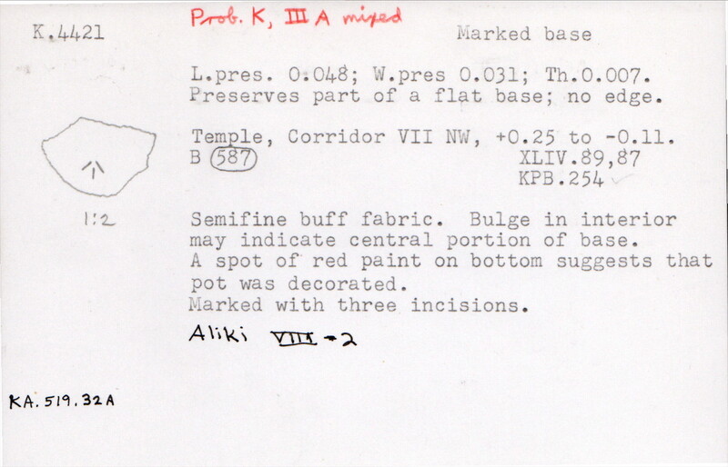 Index card with typed and handwritten information, sometimes including a sketch, of pottery from an excavation.