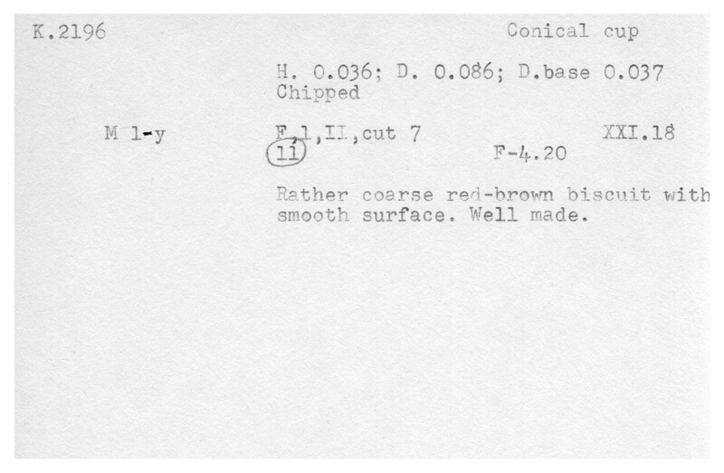 Index card with typed and handwritten information, sometimes including a sketch, of pottery from an excavation.