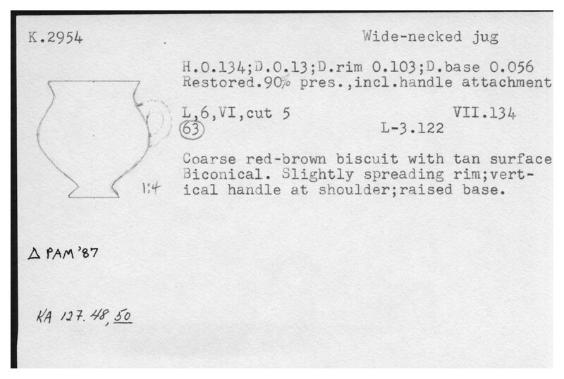 Index card with typed and handwritten information, sometimes including a sketch, of pottery from an excavation.