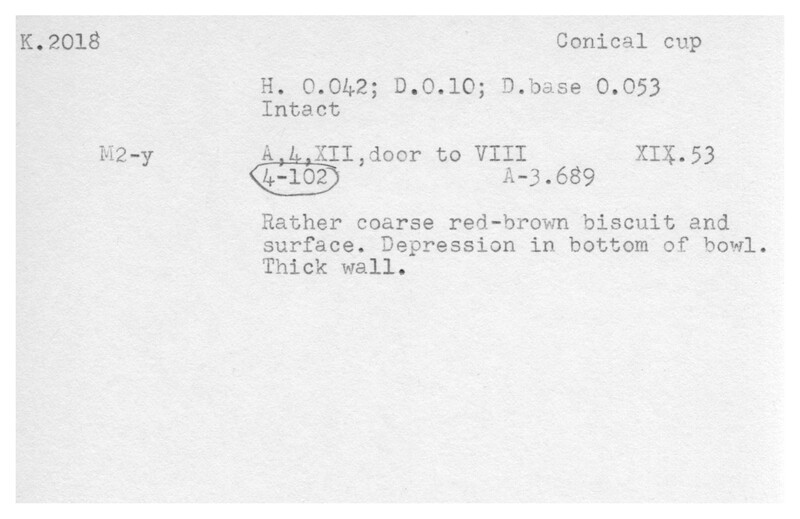 Index card with typed and handwritten information, sometimes including a sketch, of pottery from an excavation.