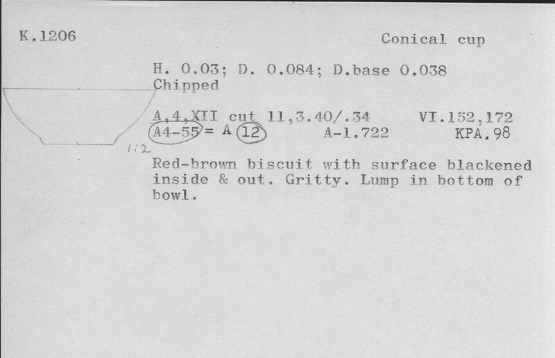 Index card with typed and handwritten information, sometimes including a sketch, of pottery from an excavation.