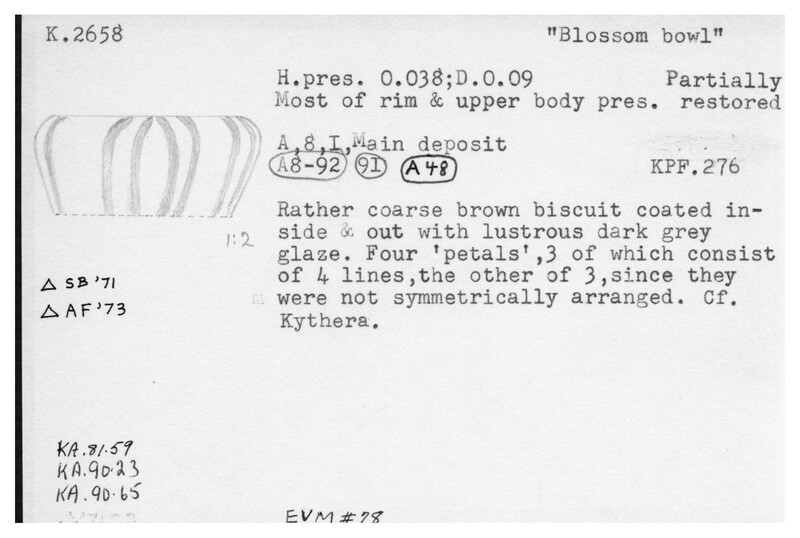 Index card with typed and handwritten information, sometimes including a sketch, of pottery from an excavation.