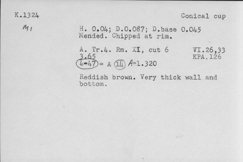 Index card with typed and handwritten information, sometimes including a sketch, of pottery from an excavation.