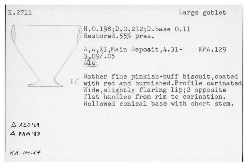 Index card with typed and handwritten information, sometimes including a sketch, of pottery from an excavation.