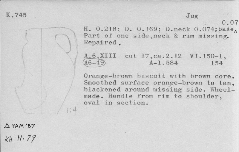 Index card with typed and handwritten information, sometimes including a sketch, of pottery from an excavation.