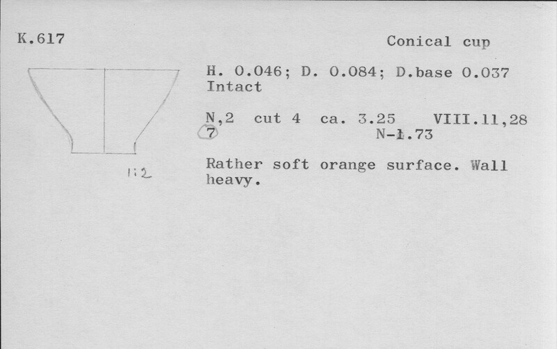Index card with typed and handwritten information, sometimes including a sketch, of pottery from an excavation.