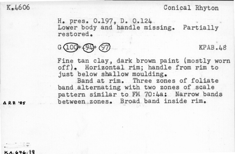 Index card with typed and handwritten information, sometimes including a sketch, of pottery from an excavation.
