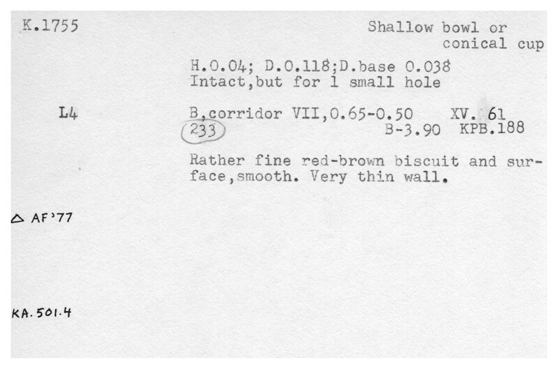 Index card with typed and handwritten information, sometimes including a sketch, of pottery from an excavation.