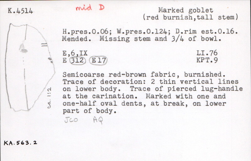 Index card with typed and handwritten information, sometimes including a sketch, of pottery from an excavation.