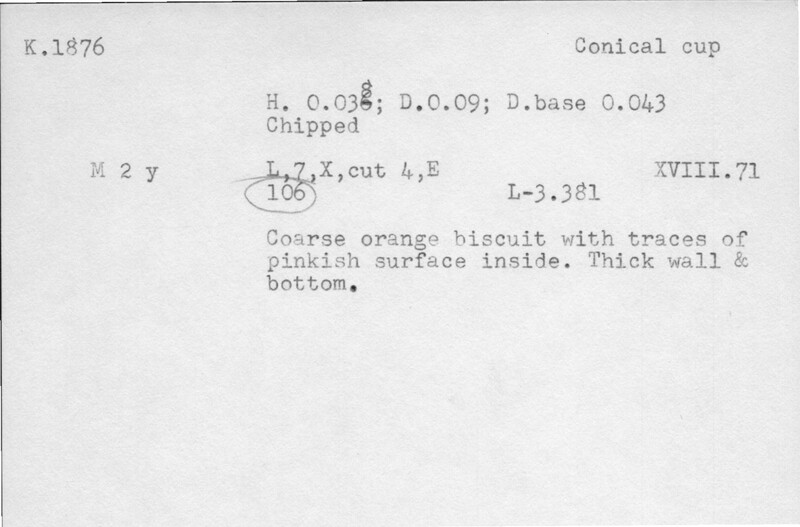 Index card with typed and handwritten information, sometimes including a sketch, of pottery from an excavation.