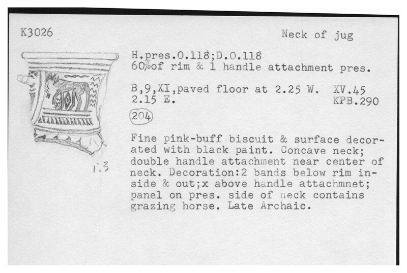 Index card with typed and handwritten information, sometimes including a sketch, of pottery from an excavation.