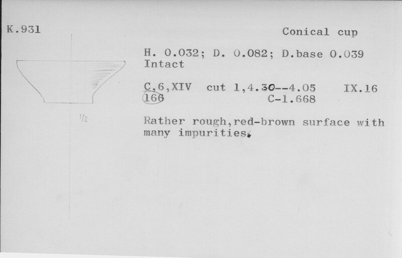 Index card with typed and handwritten information, sometimes including a sketch, of pottery from an excavation.
