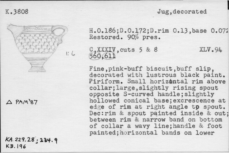 Index card with typed and handwritten information, sometimes including a sketch, of pottery from an excavation.