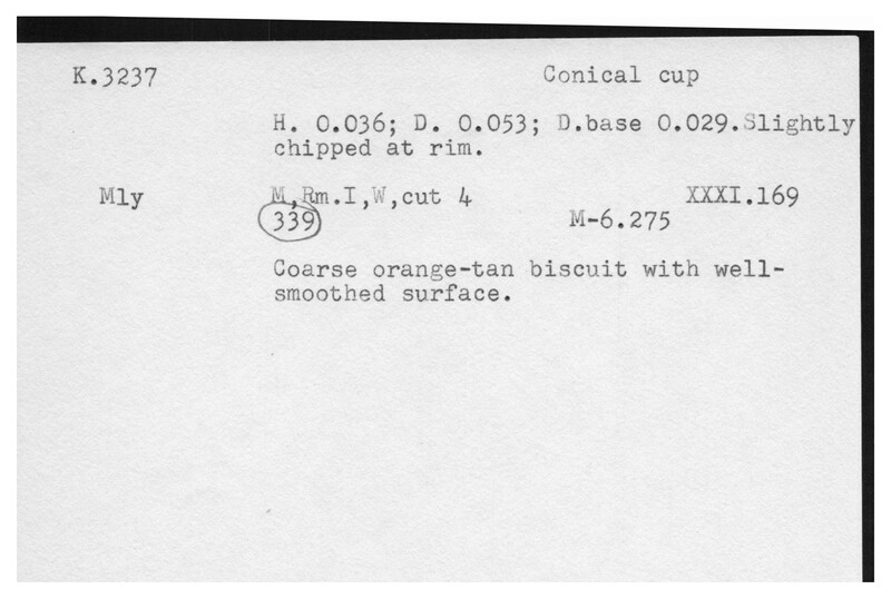 Index card with typed and handwritten information, sometimes including a sketch, of pottery from an excavation.