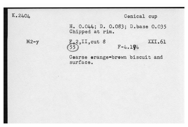 Index card with typed and handwritten information, sometimes including a sketch, of pottery from an excavation.