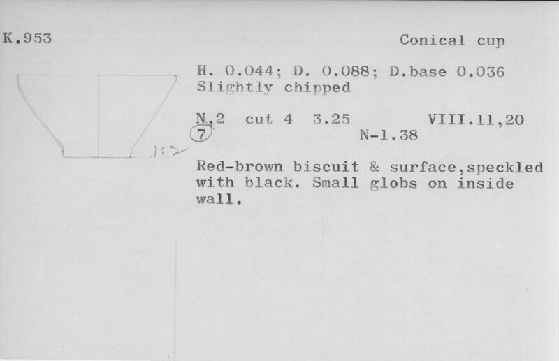 Index card with typed and handwritten information, sometimes including a sketch, of pottery from an excavation.