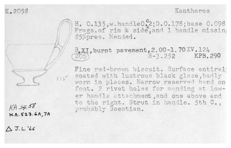 Index card with typed and handwritten information, sometimes including a sketch, of pottery from an excavation.
