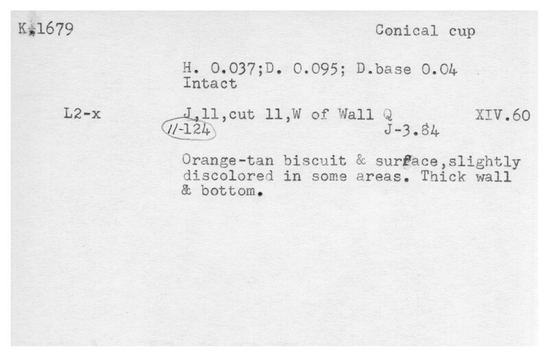 Index card with typed and handwritten information, sometimes including a sketch, of pottery from an excavation.