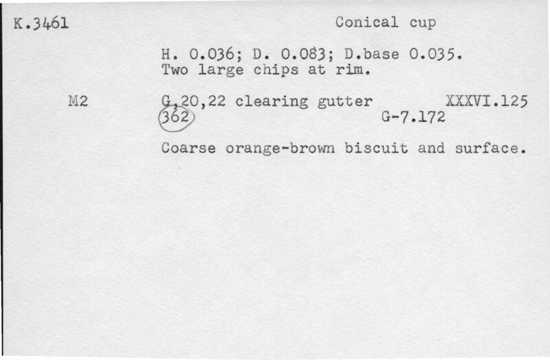 Index card with typed and handwritten information, sometimes including a sketch, of pottery from an excavation.