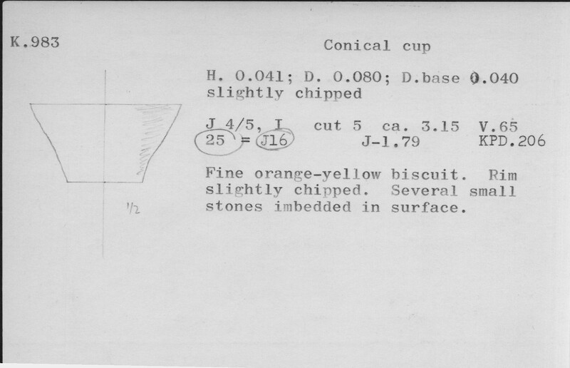 Index card with typed and handwritten information, sometimes including a sketch, of pottery from an excavation.
