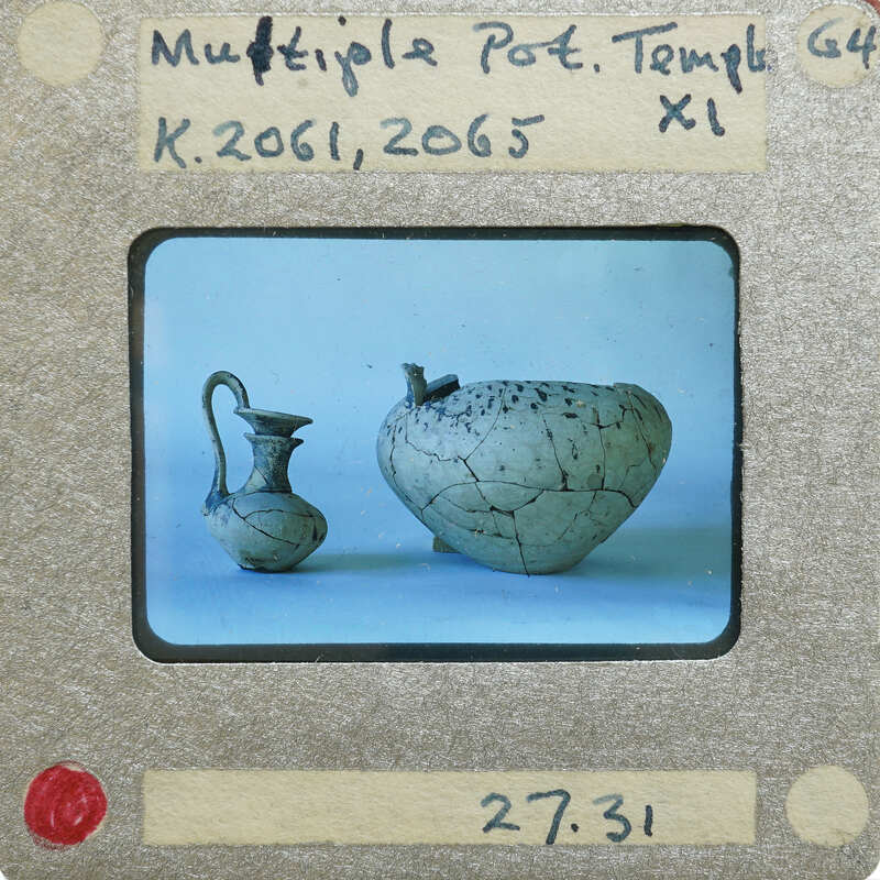 Two reassembled pots, whole jug on left and partial bowl on right, K.2061, K.2065.